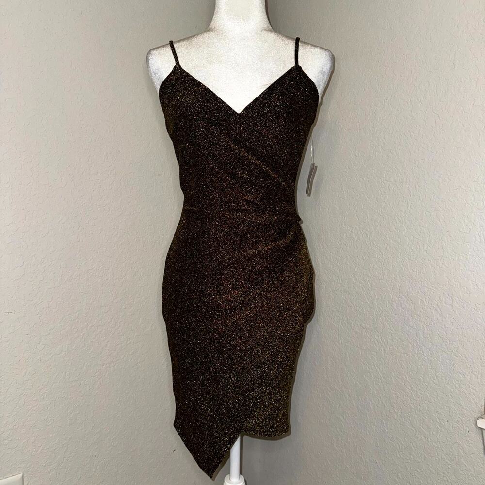 Charlotte‎ Russe Wrap Mini Dress Womens Medium Gold Glitter Asymmetrical Hem NWT